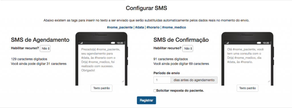 Configuração do SMS